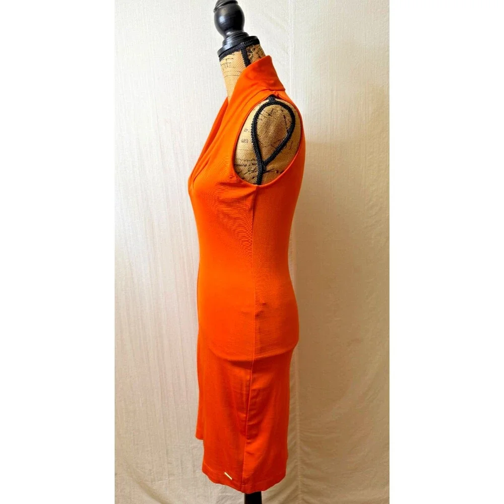 Just Cavalli Orange Bodycon Midi Dress L Sleeveless Plunge Neck Italy Stretch